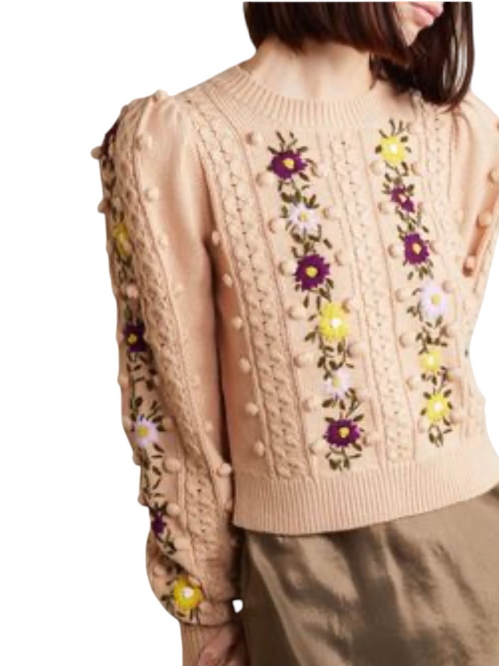 Alice + Olivia Enid Floral Embroidered Puff Sleeve Pom Pom Wool Blend Sweater